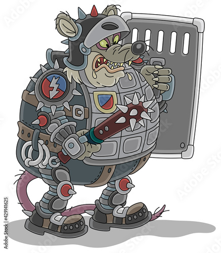 Spiteful fat rat guard in armor and a helmet, armed to the teeth, holding a spiked cudgel and a shield, preparing to attack, vector cartoon illustration isolated on a white background