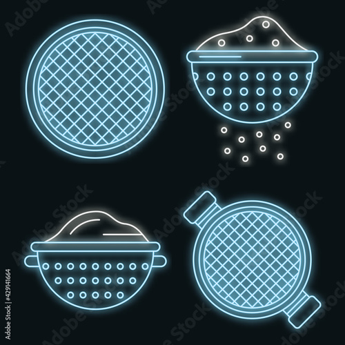 Sieve icons set. Outline set of sieve vector icons neon color on black
