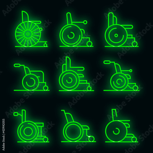 Wheelchair icons set. Outline set of wheelchair vector icons neon color on black