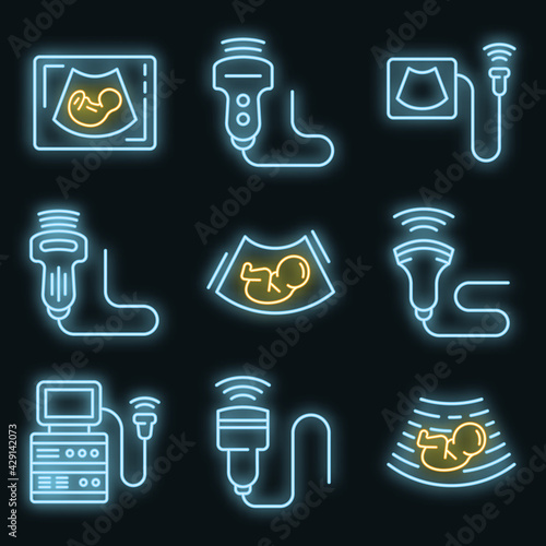 Ultrasound icons set. Outline set of ultrasound vector icons neon color on black