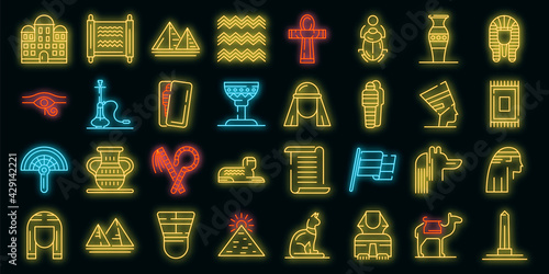 Egypt icons set. Outline set of Egypt vector icons neon color on black
