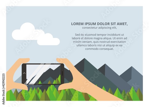 Hand capturing mountain scenery with smartphone. Simple flat illustration.