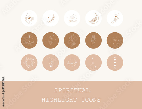 Spiritual highlight covers for social media. Esoteric and occult icons. Hands with sword, potions, moon and stars. Bohemian logo in linear style for cosmetics or beauty products, tattoo, jewelry store