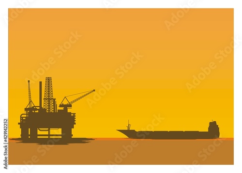 Oil rig with oil tanker ship. Simple flat illustration.