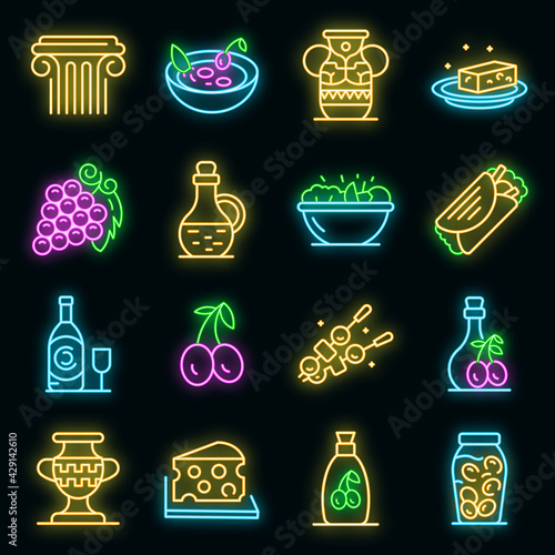 Greek cuisine icons set. Outline set of Greek cuisine vector icons neon color on black