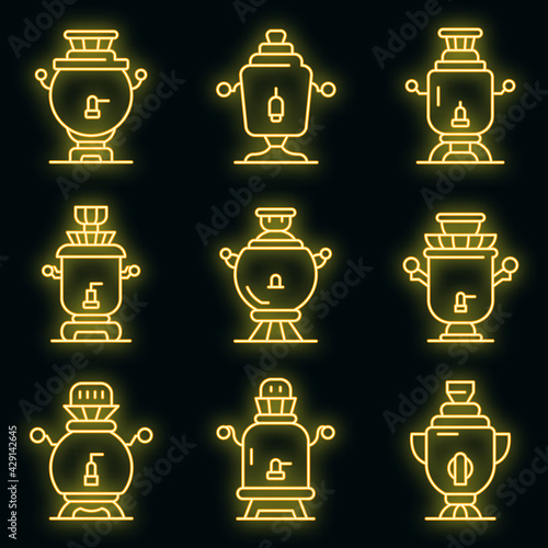 Samovar icons set. Outline set of samovar vector icons neon color on black