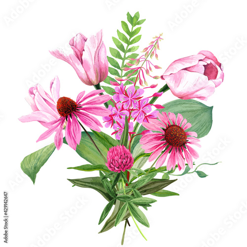 Pink garden flowers bouquet with tulips and clover