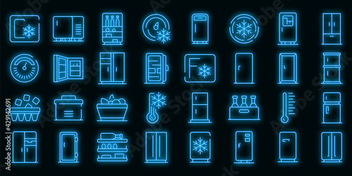 Fridge icons set. Outline set of fridge vector icons neon color on black