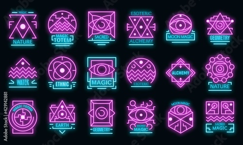 Geometric alchemy icons set. Outline set of geometric alchemy vector icons neon color on black