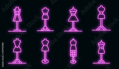 Mannequin icons set. Outline set of mannequin vector icons neon color on black