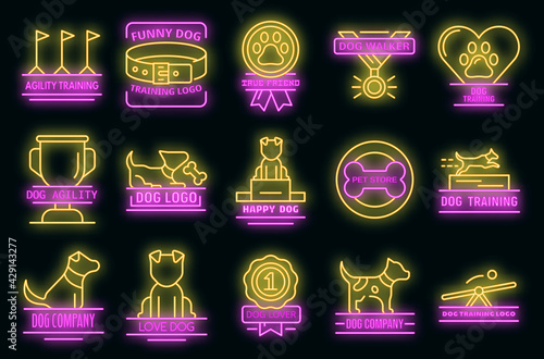 Dog training icons set. Outline set of dog training vector icons neon color on black