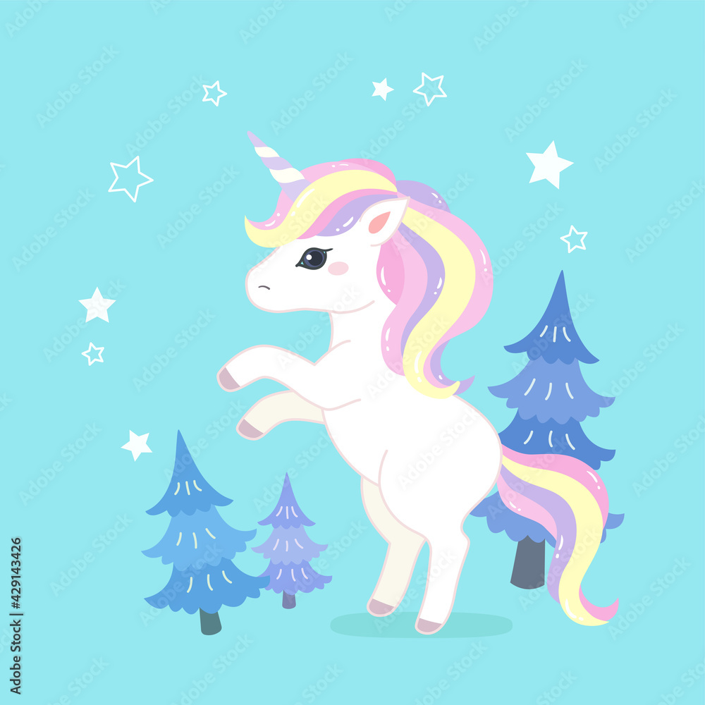 Fototapeta premium The unicorn raised its front feet and made a standing appearance.There are many small trees in the background.