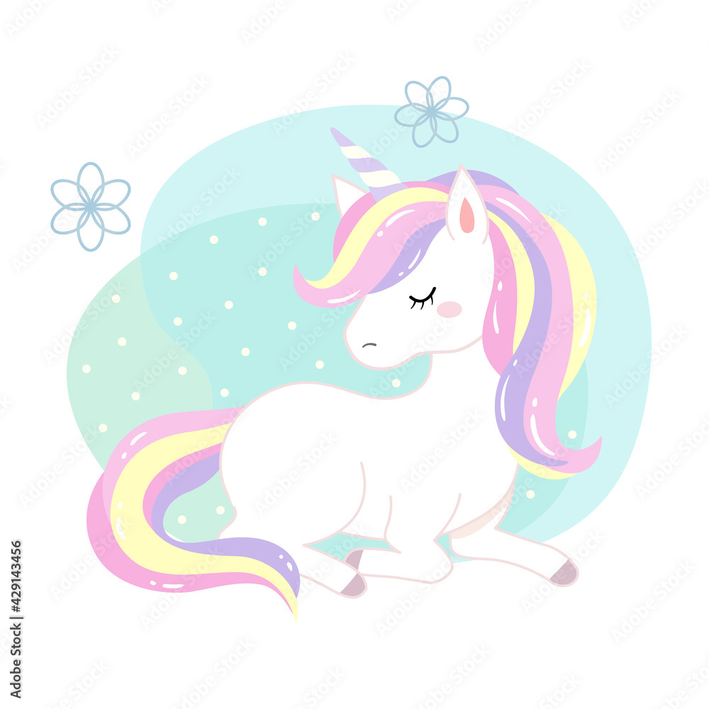 The unicorn sits on the ground,The background has irregular circles and small white dots