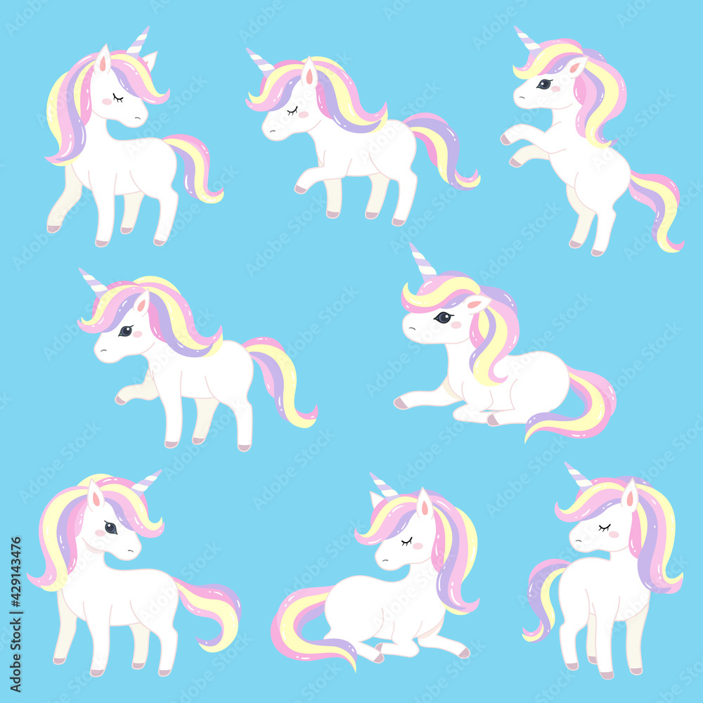 The 8 actions of a unicorn, such as standing, sitting, and raising your feet.