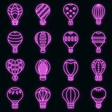 Air balloon icons set. Outline set of air balloon vector icons neon color on black