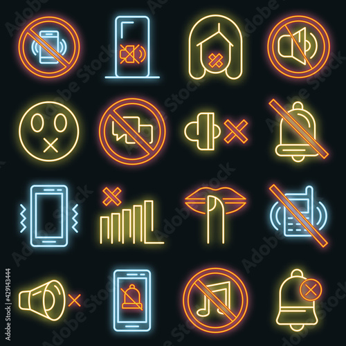 Silence icons set. Outline set of silence vector icons neon color on black