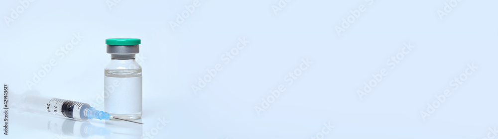 Coronavirus vaccine vial, syringe on white background.The concept of medicine, healthcare and science.Coronavirus vaccine.Copy space for text.. Coronavirus vaccine vial, syringe on white background.The concept of medicine, healthcare and science.Coronavirus vaccine.Copy space for text..