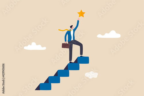 Hope to success in business, accomplishment or reaching business goal, reward and motivation concept, smart confident businessman climb up stair to the top to reaching to grab precious star reward.