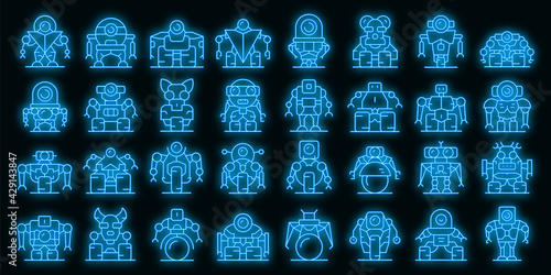 Robot-transformer icons set. Outline set of robot-transformer vector icons neon color on black