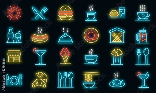 Food courts icons set. Outline set of food courts vector icons neon color on black