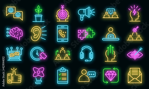CRM icons set. Outline set of CRM vector icons neon color on black