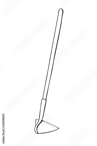 Hoe, chopper. Hand drawn outline vector illustration in doodle style, isolated. Gardening element. Tools for working in the garden, on the farm, in the dacha, country site