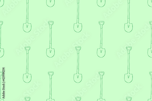 Seamless pattern with garden shovels, spades, scoops. Vector backgrounds and textures with tools for working on the farm, in dacha, country site in flat doodle style. Hand drawn isolated illustration
