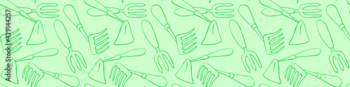 Seamless pattern with hoes. Hand drawn outline vector background and texture in doodle style, isolated. Gardening tools for working in the garden, on the farm, in the dacha, country site