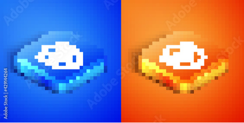 Isometric Life insurance with shield icon isolated on blue and orange background. Security, safety, protection, protect concept. Square button. Vector