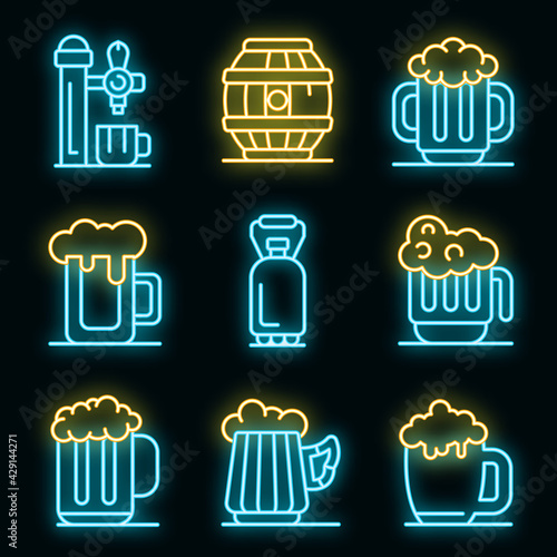 Kvass icons set. Outline set of kvass vector icons neon color on black