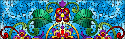 Illustration in stained glass style with abstract flowers, leaves and curls on a blue background, rectangular horizontal image