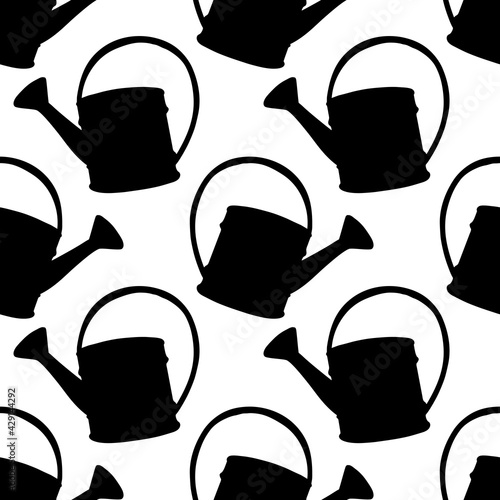 Seamless pattern with watering cans. Hand drawn outline vector background and texture in doodle style, isolated. Gardening tools for working in the garden, on the farm, in the dacha, country site