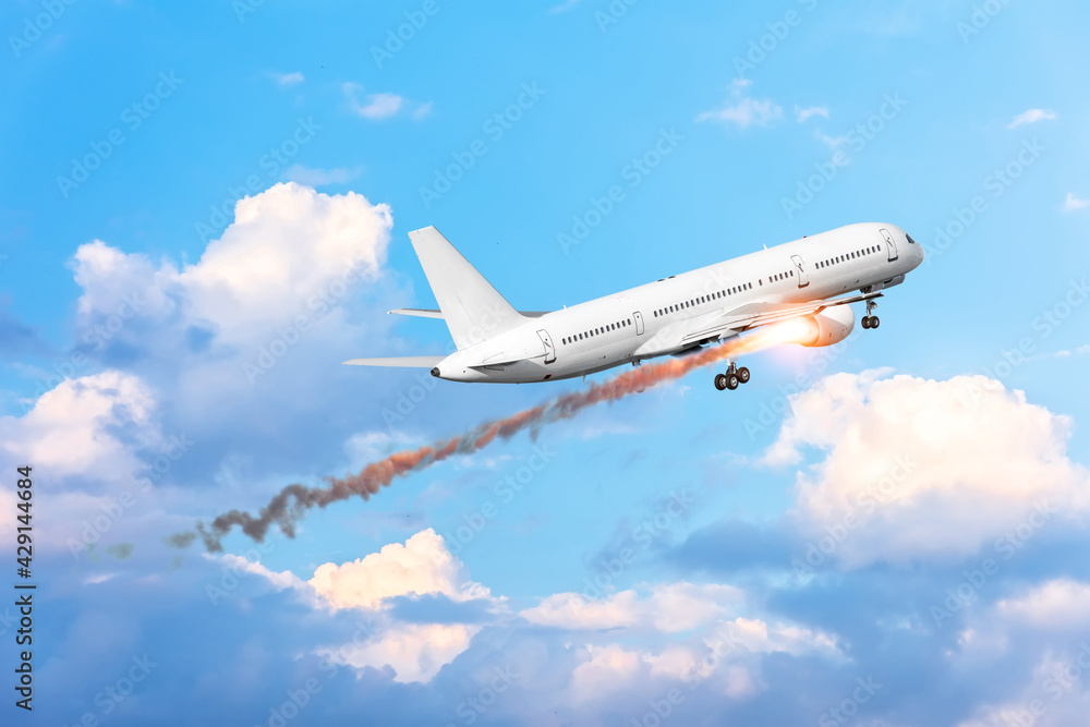 Airplane explosion with engine on fire during take off. Airplane explosion with engine on fire during take off.