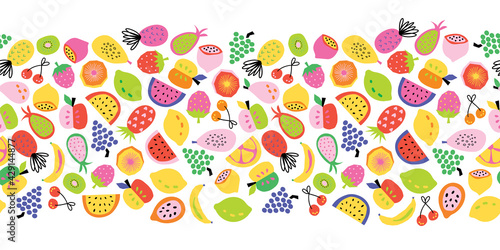 Fruit seamless border vector. Repeating horizontal pattern colorful cute healthy fruit salad. Abstract pineapple lemon banana apple orange strawberry cherry grapes for fabric trim, footer, banner.