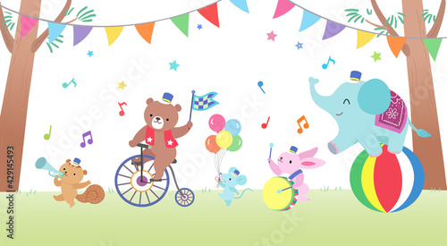 Animals form a circus band and parade lively