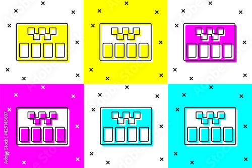 Set Taximeter device icon isolated on color background. Measurement appliance for passenger fare in taxi car. Vector