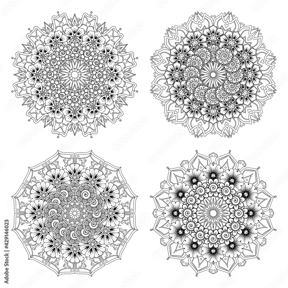 Set of Mehndi flower for henna, mehndi, tattoo, decoration. decorative ornament in ethnic oriental style. doodle ornament. outline hand draw illustration. coloring book page. Set of Mehndi flower for henna, mehndi, tattoo, decoration. decorative ornament in ethnic oriental style. doodle ornament. outline hand draw illustration. coloring book page.