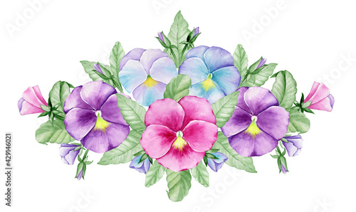 Watercolor frame made of Viola and leaves  Spring clip art  white wildflowers on an isolated background.