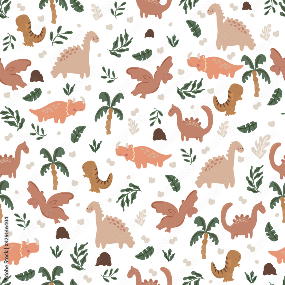Seamless pattern of neutral and fun kids print of dinosaurs in a cute scene. Seamless pattern of neutral and fun kids print of dinosaurs in a cute scene.