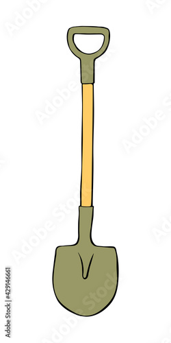 Vector outline garden shovel, spade, scoop. Tools for working on the farm, in the dacha, country site in doodle flat style. Hand-drawn isolated color illustration