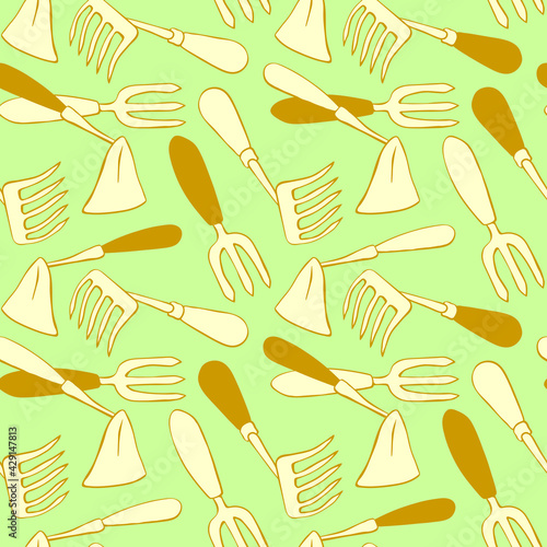 Seamless pattern with hoes. Hand drawn outline vector background and texture in doodle style, isolated. Gardening tools for working in the garden, on the farm, in the dacha, country site