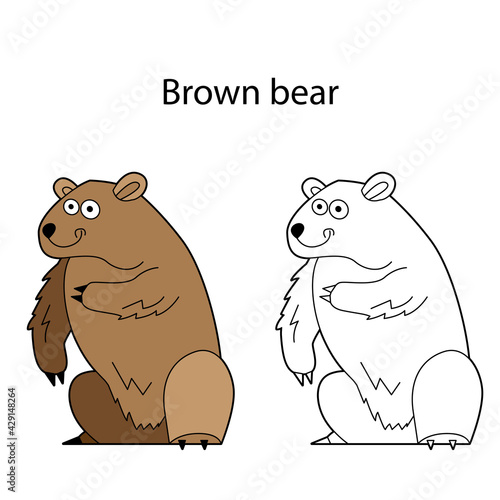 Funny cute animal brown bear isolated on white background. Linear, contour, black and white and colored version. Illustration can be used for coloring book and pictures for children