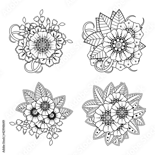 Set of Mehndi flower for henna, mehndi, tattoo, decoration. decorative ornament in ethnic oriental style. doodle ornament. outline hand draw illustration. coloring book page.