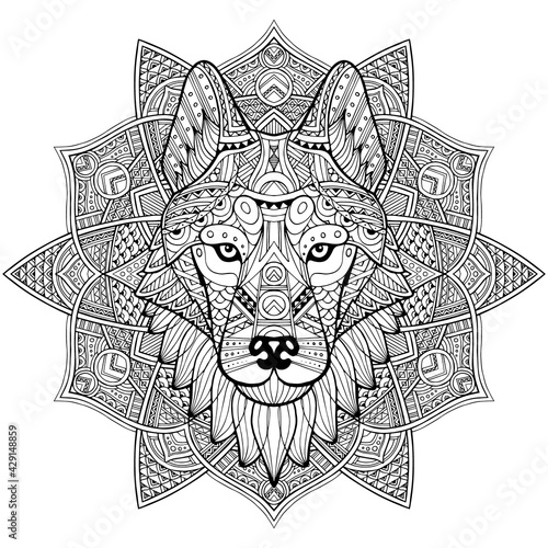 Patterned head wolf, husky, dog. Abstract ethnic image of the head of a wolf with ornament. Black, white ornament painted by hand. Animal in ethnic style for printing. Indian, Mexican motifs. Vector 