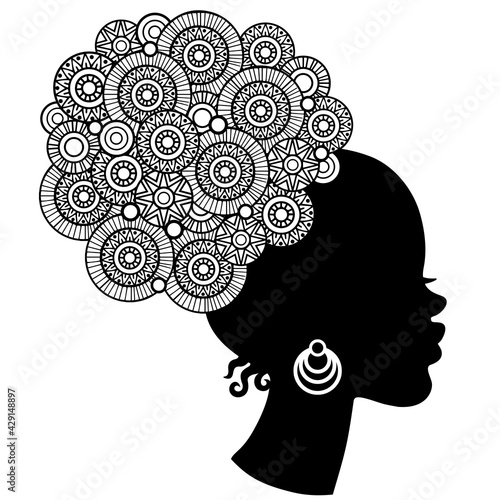 Afro Hairstyle. Black curly head in profile african american woman in mandala style. Coloring page for adult in mandala style