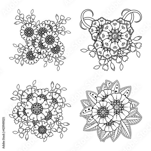 Set of Mehndi flower for henna, mehndi, tattoo, decoration. decorative ornament in ethnic oriental style. doodle ornament. outline hand draw illustration. coloring book page.