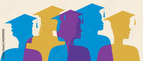 Silhouette of graduates in profile isolated, silhouette vector stock illustration with People at graduation, Bachelors and Masters as graduates of college, university