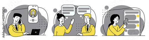 Talk, online consultation, customer support. Help line vector illustration set. Customer self-service, get in touch, call center, online assistance, FAQ, e-support system, live chat, virtual service 
