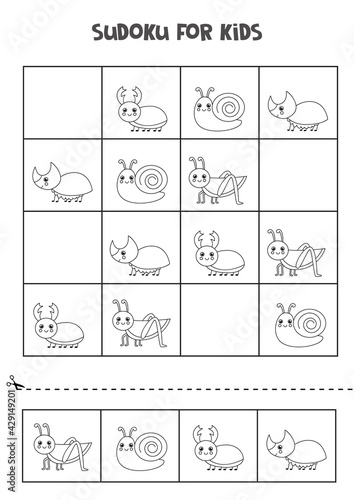 Sudoku game for kids with cute black and white insects.