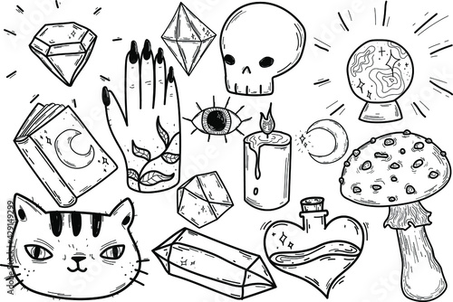 Magic Doodles, Mystical Collection, Crystals, Moon, Black Cat, Halloween Set, Coloring, Witchcraft, witch stickers isolated line. Hand drawn vector illustrations. Sketch for a tattoo.